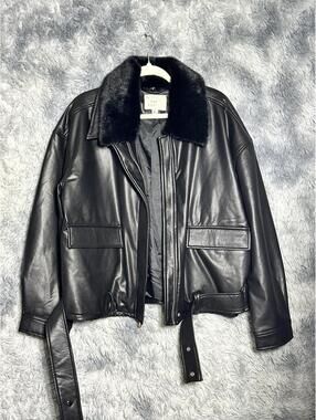 wild fable Black Faux Leather Jacket with Faux Fur Collar